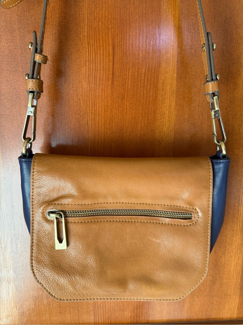 Sanctuary Leather Crossbody Bag in Cognac and Navy